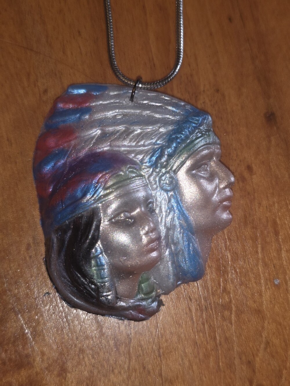 3D Native American Chief & Maiden Relief Pendant With Metallic Finishes Necklace
